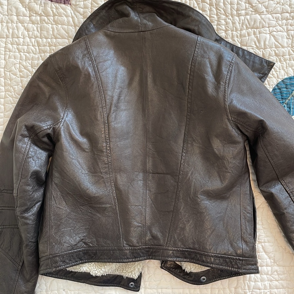 Brown Leather Shearling Lined Biker Jacket - image 5